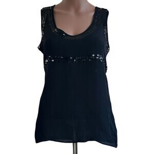 Unite Silk Black Sleeveless Blouse Sequin Trim Evening Top Size M